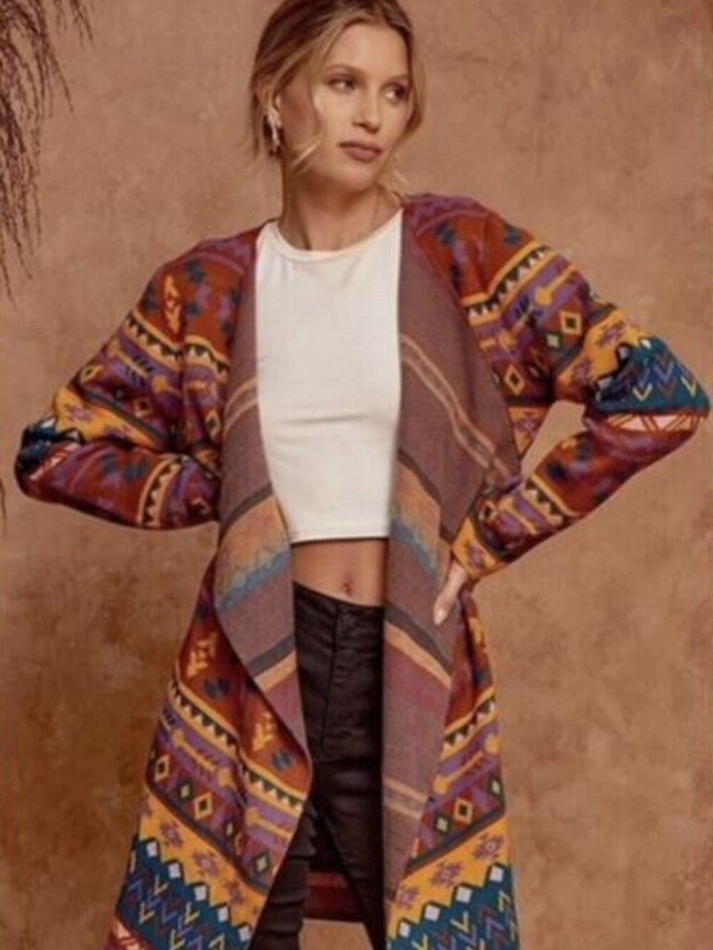 Savanna Jane Aztec Long Cardigan Womens Large Patterned Knit Boho Navajo Tribal